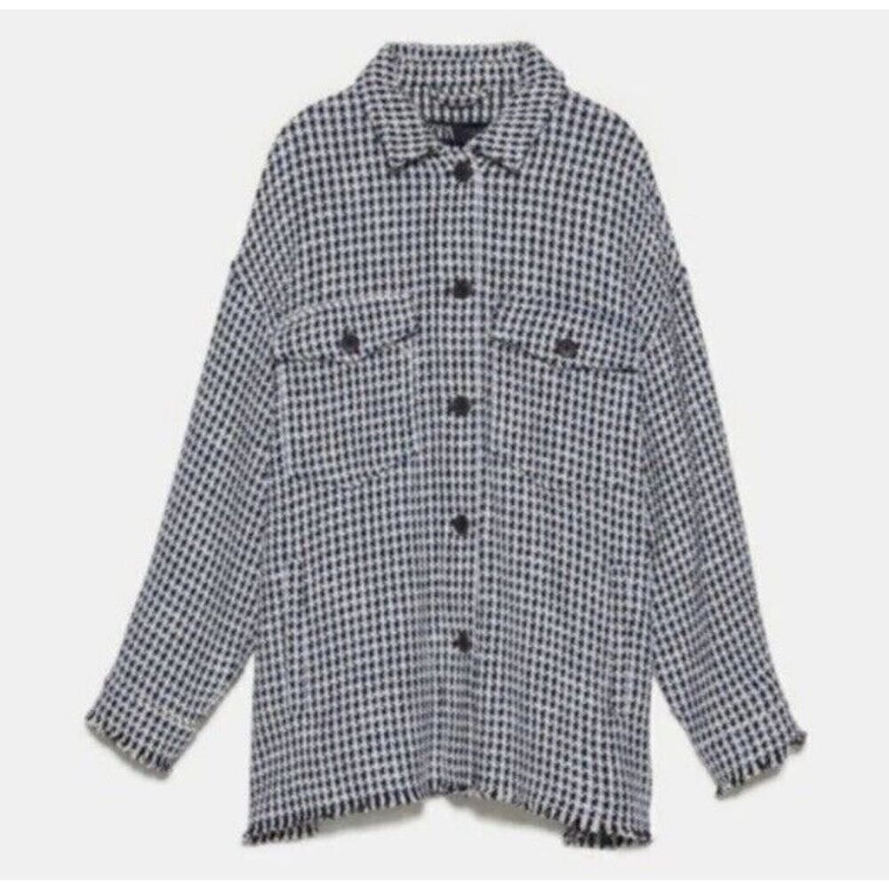 Zara Black and White Houndstooth Button-Up Jacket
